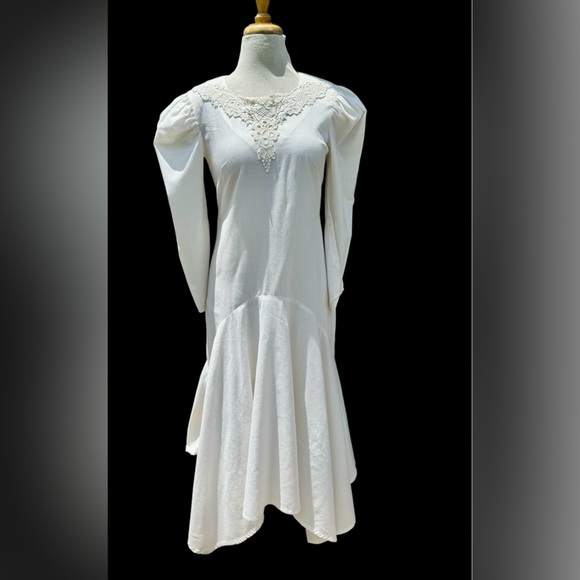 Vtg 80s Gunne Sax Style White Mutton Sleeve Midi Dress Lace Sz S Cottage Prairie - Picture 1 of 9